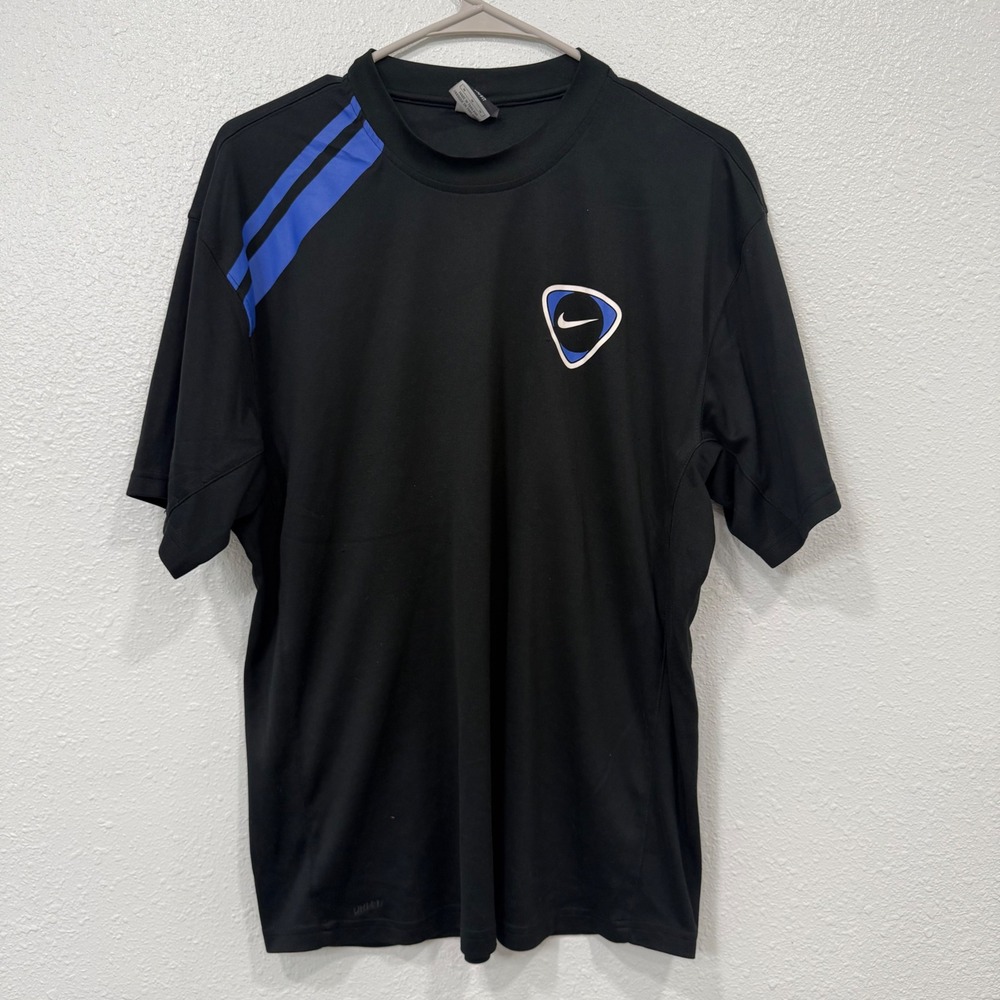 Nike Dri-FIT Mens Soccer Training Jersey Black Blue Stripe Shield Logo Size M